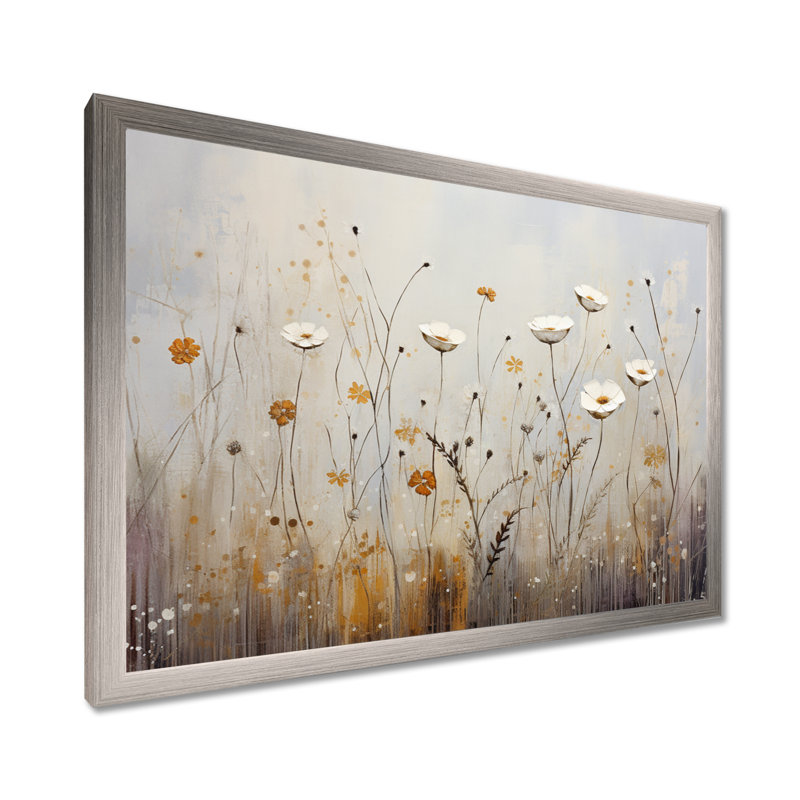 Beige, Wildflowers brise - Art mural fleurs sauvages, Cadre simple argenté, H 24 po x l 32 po x P 1 po