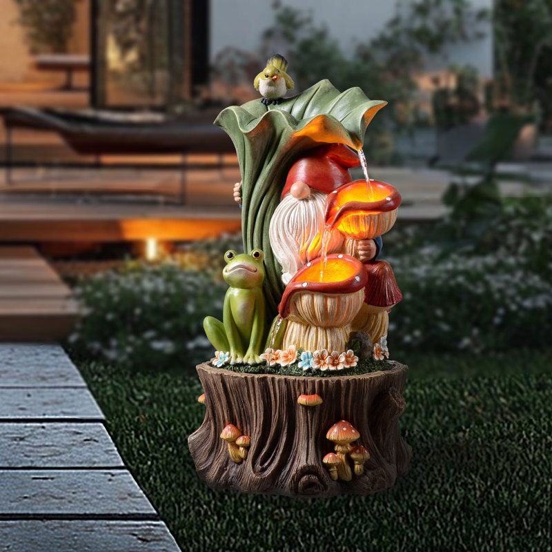 Resin Gnome Water Fountain Outdoor with LED Lights, Outdoor Water Fountain with Mushroom Waterfall for Patio Balcony Yard, 21" Tall Outdoor Fountain Garden Water Feature