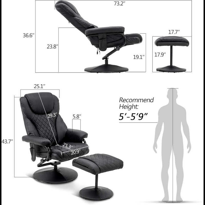 Aashka Faux Leather Swivel Recliner, Black