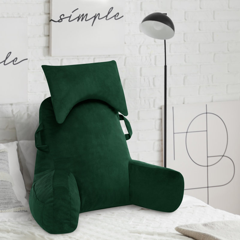 Comfy High Backrest Pillow Arm Pillow With Head Rest & Pockets, Deep Green