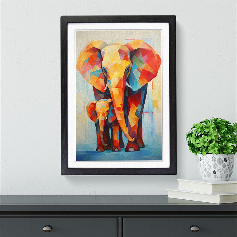 Elephant Cubism - Single Picture Frame Print on Wood, Black, 46cm H x 34cm W x 2cm D