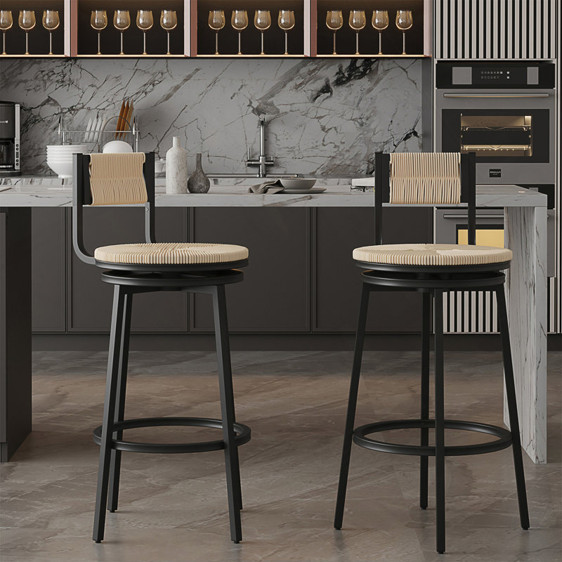 Tabourets de bar pivotants tissés à la main en corde de papier avec dossier Ensemble de 2 chaises de comptoir rondes rustiques pour salle à manger, îlot de cuisine