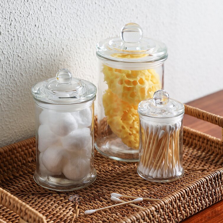 Mini Glass Apothecary Jars-Cotton Jar-Bathroom Storage Organizer Canisters  Set of 3 