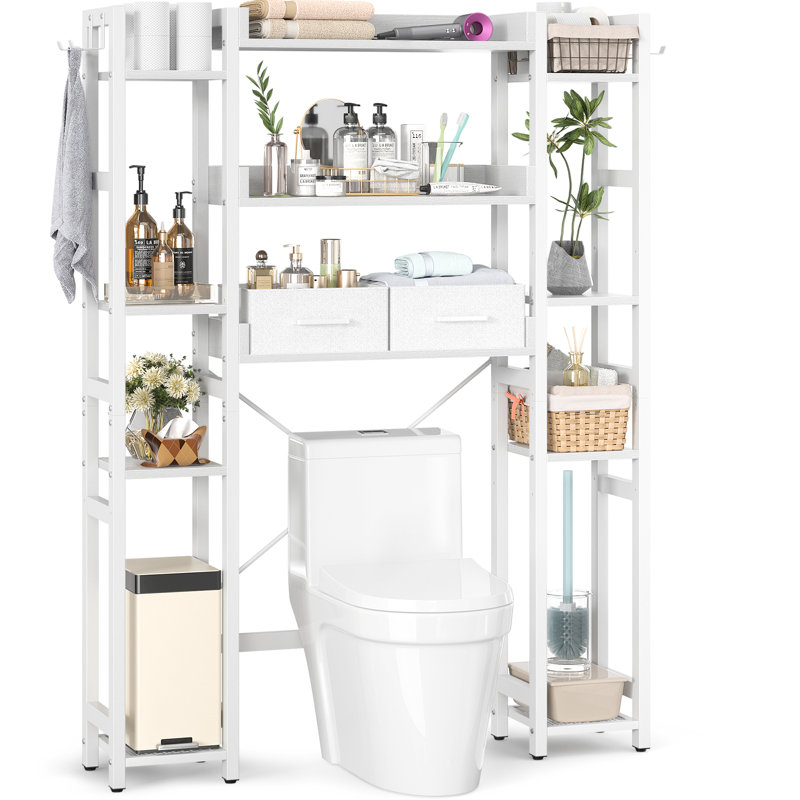 11 Tier Over The Toilet Storage Cabinet With 2 Drawers, Bathroom Organizer With Adjustable Shelf, White