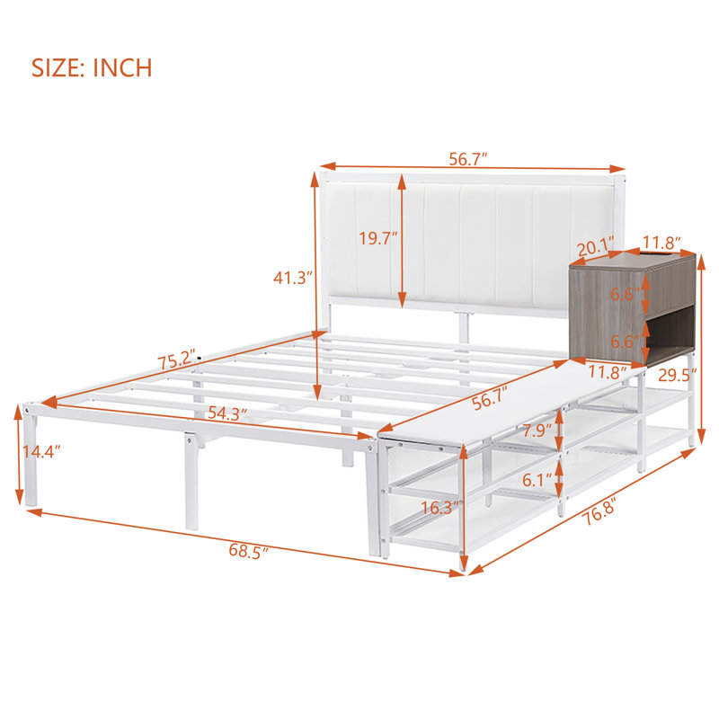 Lit plateforme double en métal avec tablettes de rangement à deux niveaux, armoire de rangement en bois, blanc, Blanc