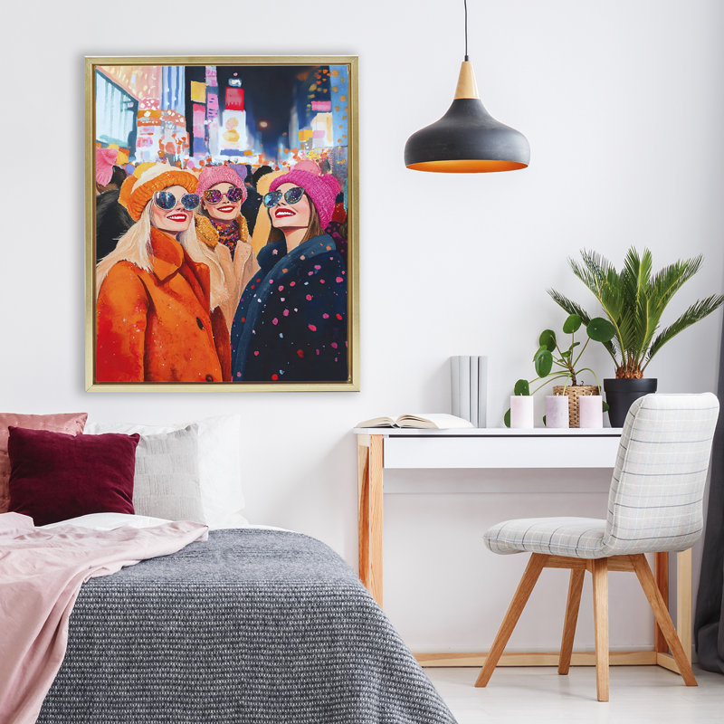 New Year's Girls in City Floating Frame, design by LSR Design Studio, 31 x 25, Metallic Gold Floater Framed