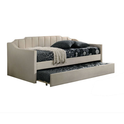 Oren Twin Daybed With Staircase Headboard, Beige Channel Tufted Fabric