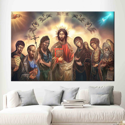 Spiritual Cotton Canvas Wall Art Depicting Jesus Surrounded by Saints for Modern Home Decor and Religious Inspiration