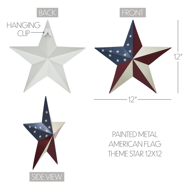 Drapeau américain en métal peint, H 12 po x l 12 po x P 1,25 po