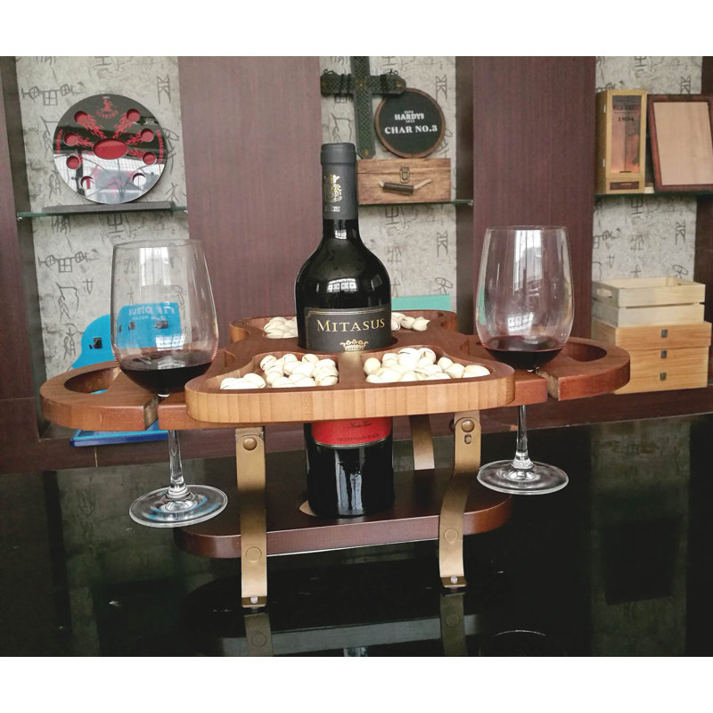 1 bouteille de vin en bois massif de table et support en verre naturel