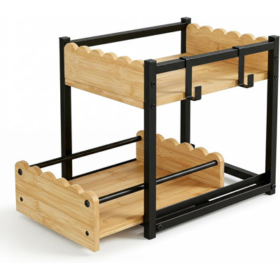 Countertop Spice Rack With Pull-Out Shelf And Hooks, Stylish Kitchen And Home Storage Rack, Extra-Thick 12Mm Bamboo Board