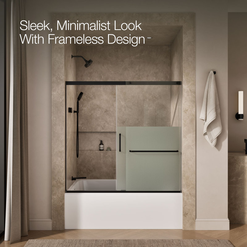 Elate Sliding Bath Door, 56-3/4-In H X 56-1/4 - 59-5/8-In W With Heavy 5/16-In Thick Crystal Clear Glass With Privacy Band