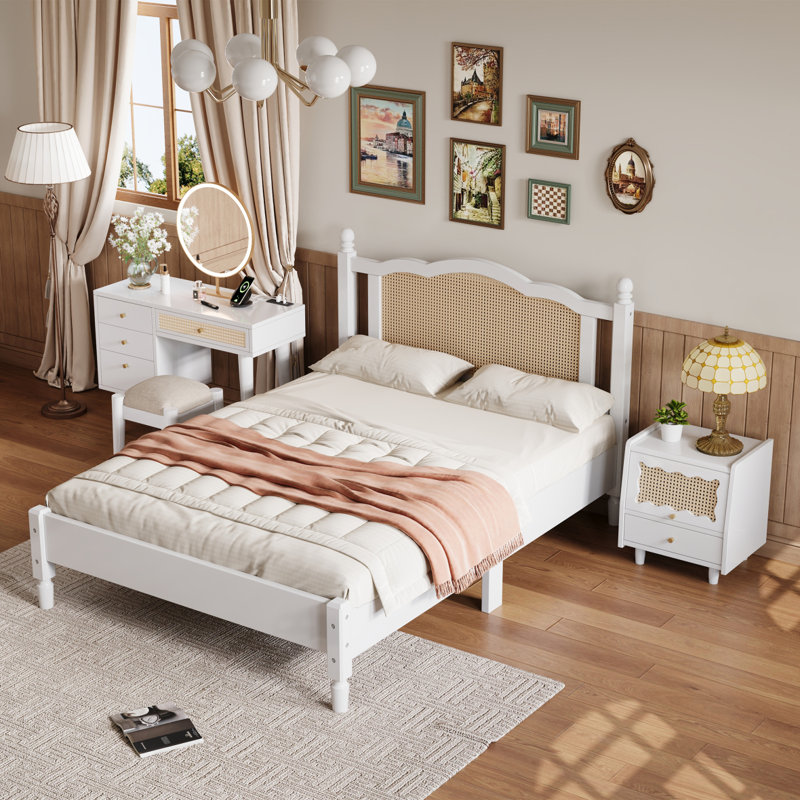 3 Pieces Bedroom Set With Wooden Bed Frame, 1 Vintage  Nightstand And 1 Makeup Vanity Set With Stool, White, Full