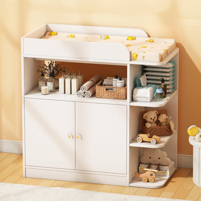 Baby Dresser With Changing Table, Nursery Dresser With 4 Open Shelves And Plus Double-door Cabinet, Multifunctional Changing Table With Storage