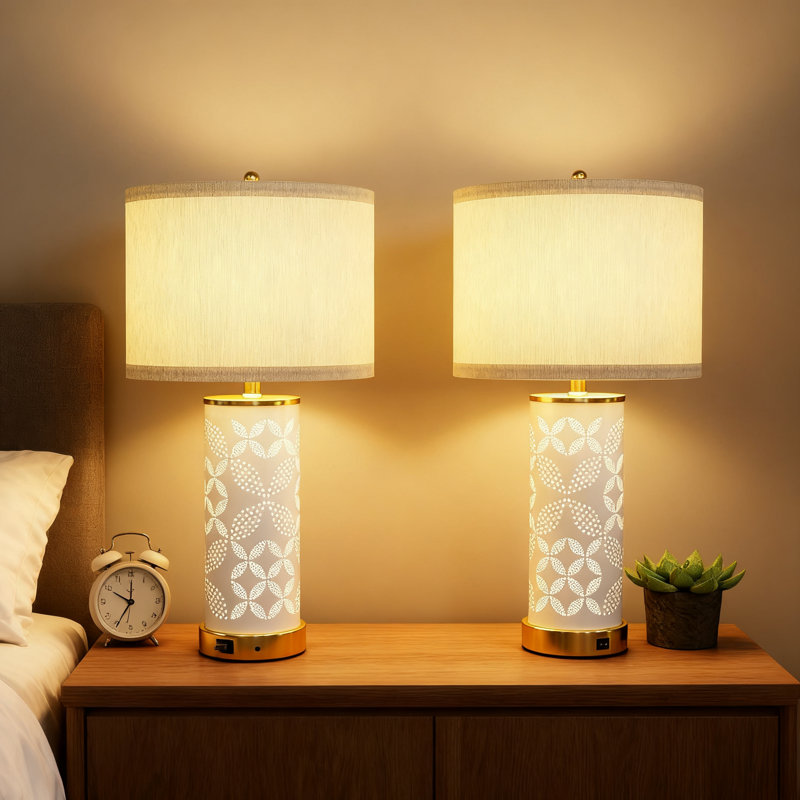 Ensemble de 2 lampes de table en céramique avec double mise à jour USB, ports de charge USB C + A, 3 températures de couleur, comprend 2 ampoules DEL pour la table de chevet et le salon