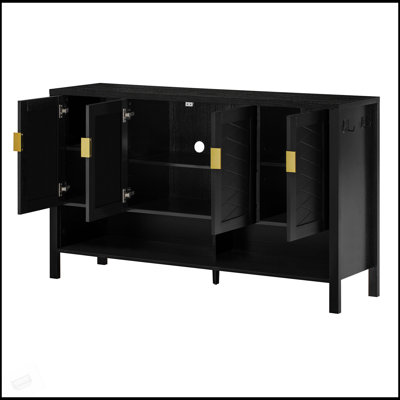 Buffet de rangement multifonctionnel de 55,1 po avec 4 portes, tablette ouverte et 2 tablettes réglables à 2 niveaux, armoire moderne avec crochets doubles pour le salon, le couloir, la salle à manger et le bureau