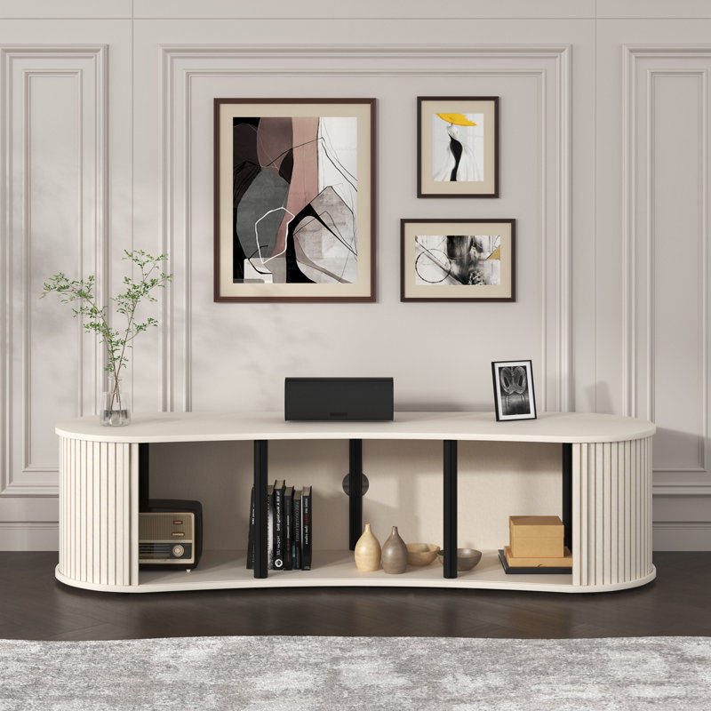 Aurel Buchheit Modern 59.1" Fluted TV Stand With Open Storage And Sliding Door, Parchment