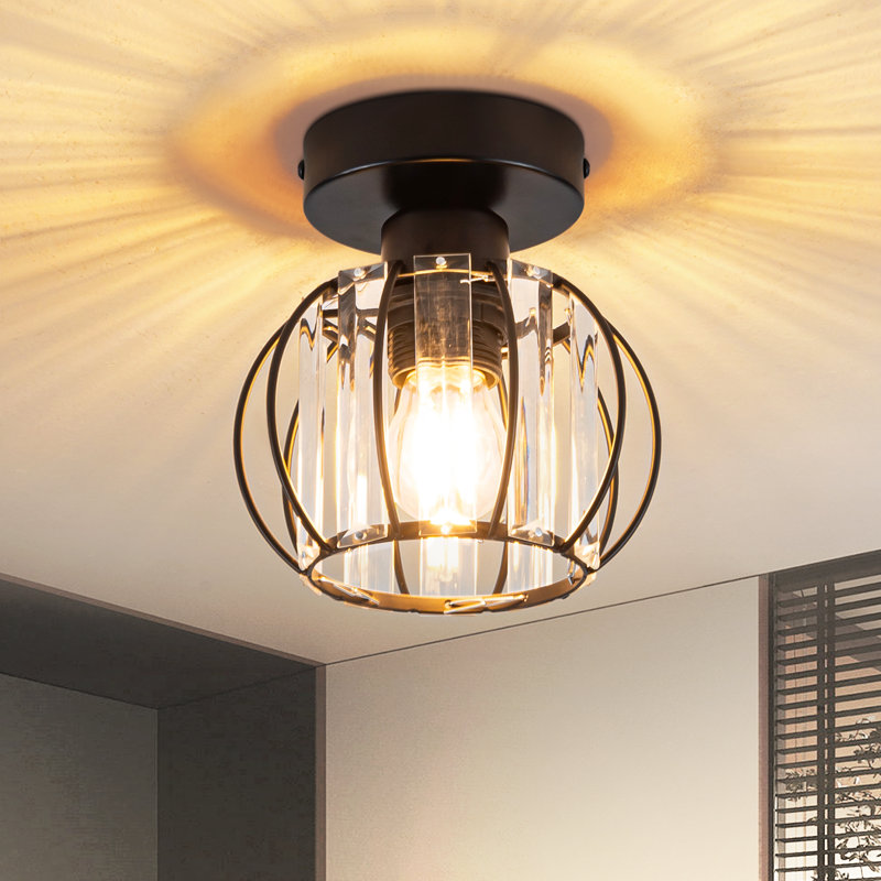 Matt Black 1-Light E27 Oval Metal Cage Flush Mount Ceiling Light Clear Crystal Shade Modern Ceiling Lamp For Hallway Entryway