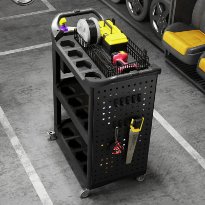 Chariot à outils à roulettes à 3 niveaux avec roulettes, chariot utilitaire en plastique d'une capacité de 200 lb avec tablette latérale et seau, organisateur d'outils de service mobile pour garage, entrepôt, atelier
