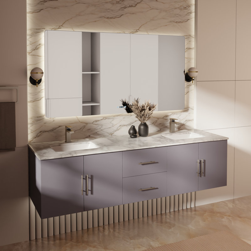 Geneva 72" Wall-Mounted Double Bathroom Vanity Set with Mirror, White Carrara Marble, Dark Gray