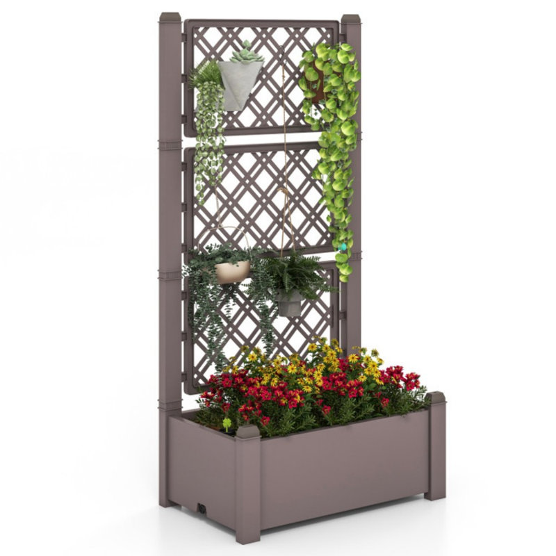 Arlmont & Co. Outdoor Planter Box With Trellis Water Level Indicator Removable Space Dividers, Coffee