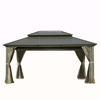 Pavillon de jardin à toit rigide de 10 pi x 14 pi, pavillon en métal et aluminium avec double toit en acier galvanisé, rideau et filet, pavillon de pavillon permanent pour patio, cour arrière, terrasse, pelouse