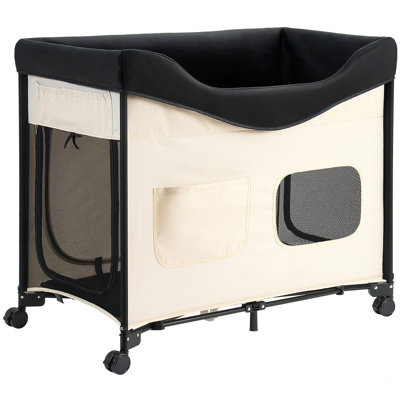 Lit pour chien surélevé surélevé, lit superposé pliable pour chien avec tissu Oxford 600D et velours néerlandais, lit surélevé portatif avec roulettes, sacs de rangement latéraux et sac de transport pour chats et chiens, très grand, beige