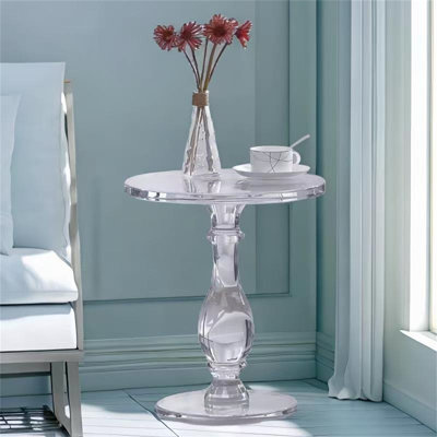 Table d'appoint à colonne romaine en acrylique transparent, petite table basse ronde en cristal minimaliste moderne pour canapé de salon ou balcon
