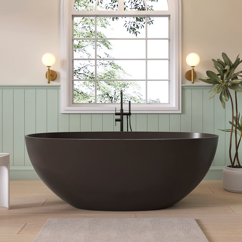 61'' Freestanding Soaking Solid Surface Bathtub, Brown