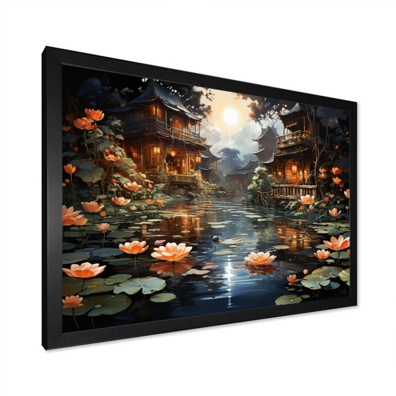 «Mariannah China Art Lotus Lantern II», reproduction, Cadre simple noir, H 24 po x l 32 po x P 1 po