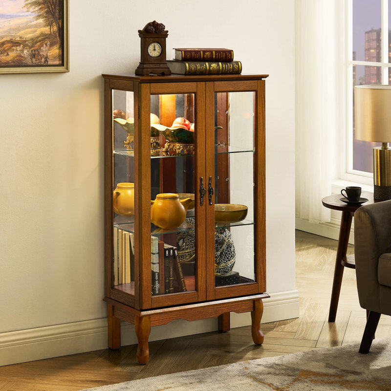 Elegant Curio Cabinet In Oak With Adjustable Shelves And Interior Lighting Lighted Glass Mirrored Back, Oak