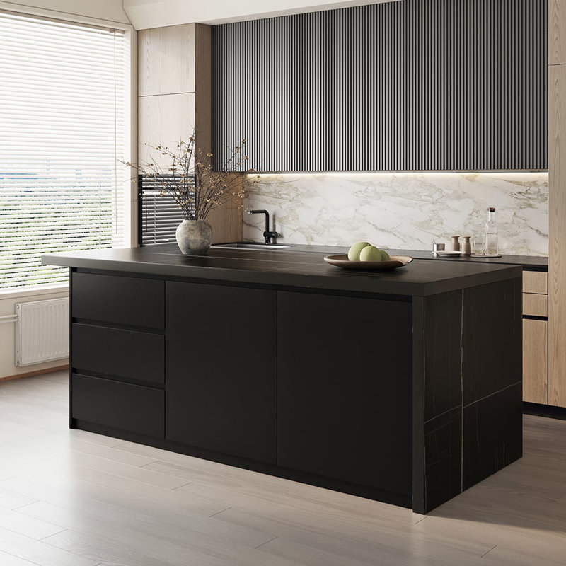 Modern Style Laminate 72" Kitchen Islands With 3 Drawers Black
