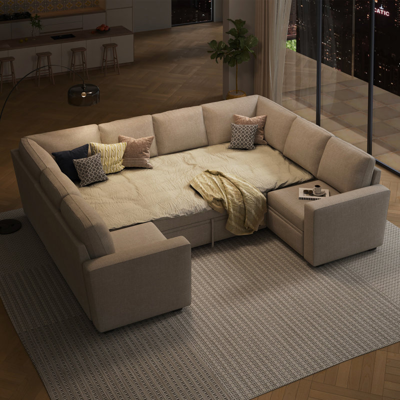 Canapé-lit modulaire convertible en forme de U Niyona, Polyester beige