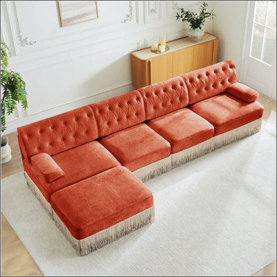 135 Inch L-Shaped Pet-Friendly Velvet Fabric Chesterfield Style Sofa with Tassel Skirt and Slightly Curved Square Armrests, Free Combination, Ergonomi