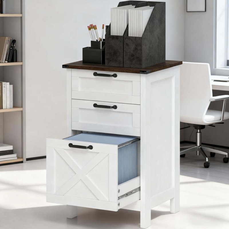 Modern Style File Cabinet With 3 Drawers, Brown/Distressed White