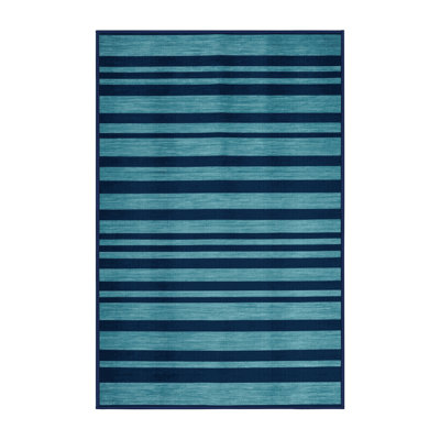 Machine Washable Horizontal Stripes Blue Area Rug