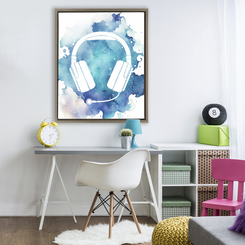 Blue Headphone Splatter Floating Frame, design by Marcus Prime, Montalcino Elm Floater Frame, 31" H x 25" W