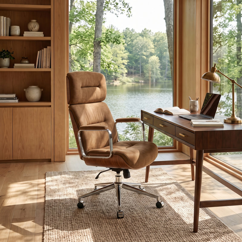 Fauteuil de direction Oswina de style moderne du milieu du siècle, en similicuir, à dossier haut et structure en bois courbé, avec mécanisme d'inclinaison et rotation à 360°.
