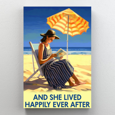 Beach And She Lived Happily - 1 Piece Rectangle Gr " Beach And She Lived Happily - 1 Piece Rectangle Graphic Art Print On Wrapped Canvas "