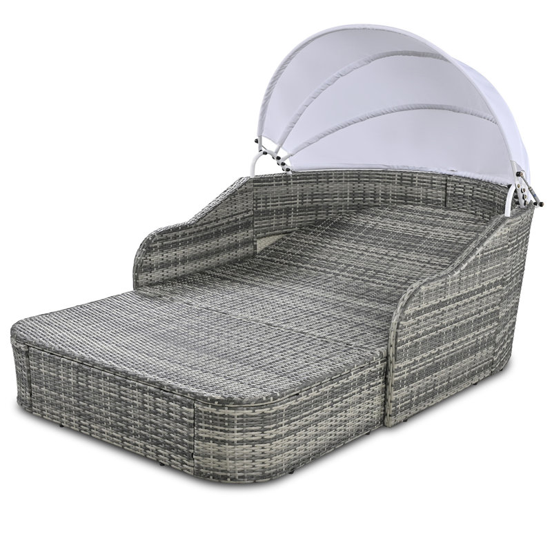 Lit de bronzage d'extérieur 79,9 "avec auvent réglable, lit de jour avec coussins, Bleu, Gris clair