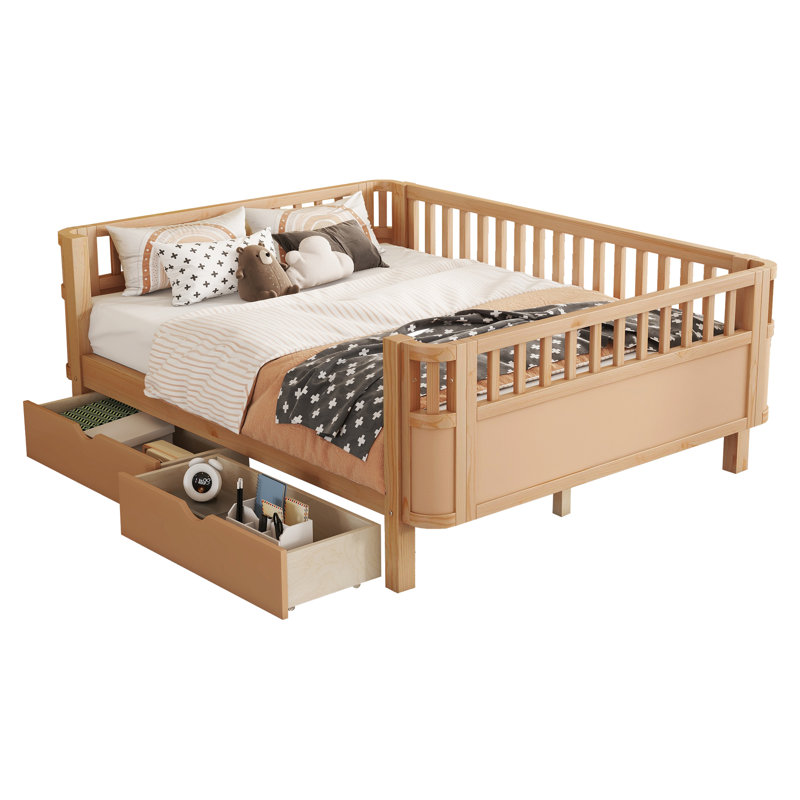 Lit plateforme double en bois pleine grandeur avec tiroirs de rangement, conception moderne de profil bas de sécurité pour chambre d'enfant ou lit de jour, finition naturelle