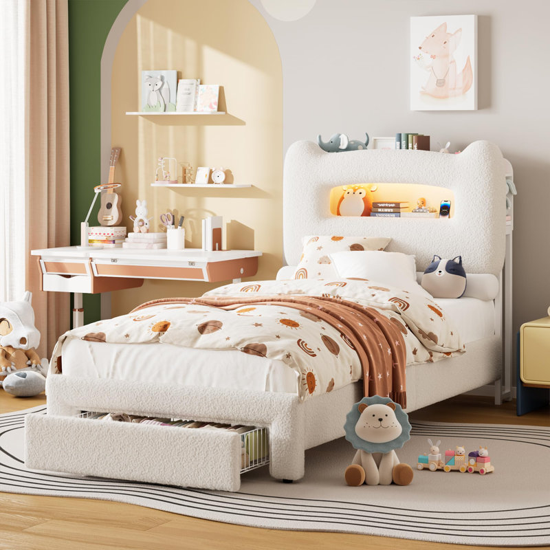 LED Twin Bed Frame with 2-Tier Storage Headboard, Upholstered Platform Bed with Charging Station and Drawer for Kids/Girls/Boys