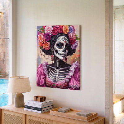 Toile, art mural D A De Los Muertos, squelette, couronne florale et doux Halloween prêt à accrocher