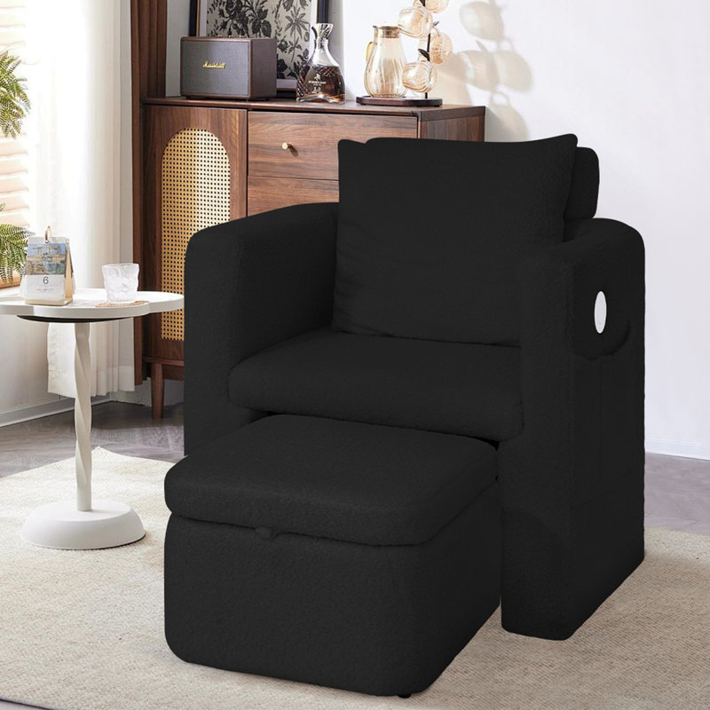 Fauteuil d'appoint Barrel avec repose-pieds de rangement, Noir