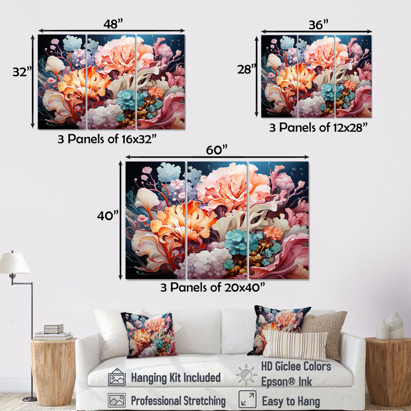 Ensemble de salon art mural rose anémone rose, Toile tendue, H 40 po x l 60 po x P 1 po