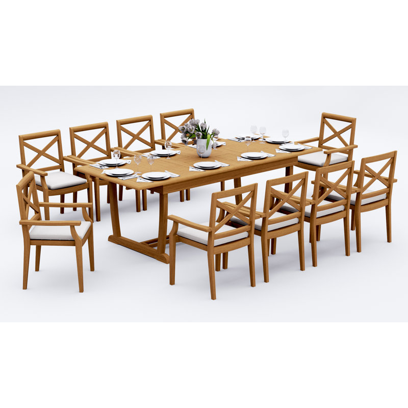 10 Seats 11 Pcs Grade-A Teak Wood Dining Set: 94" Double Extension Mas Rectangle Trestle Leg  Table And 10 Granada Stacking Arm Chairs #11GR2110