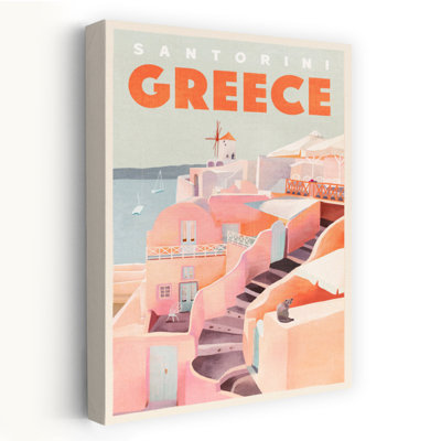 Santorini Greece Vintage Travel Poster Romantic Abstract Contemporary Cat Architecture Coastal Wall Art Print 1 Piece Wrapped Canvas Wall Art