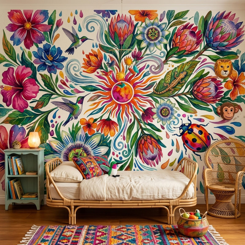 Papier peint aquarelle à motif floral botanique amovible, 100 po x 96 po, Non tissé