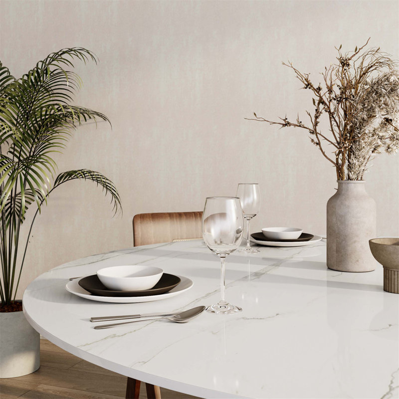 Table de salle à manger moderne de 47 pouces de style Mid-Century avec plateau en pierre frittée et base en U en bois massif pour une cuisine ou un bureau élégant