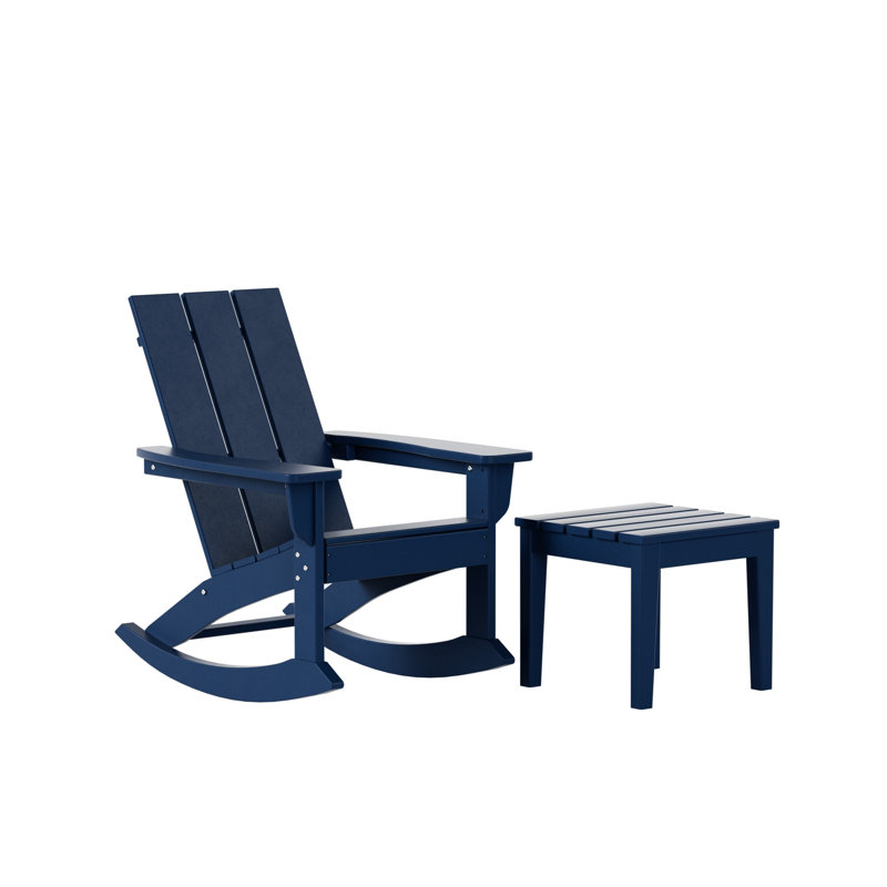 Outdoor Joubert HDPE Plastic Rocking Chair and Table, Navy Blue